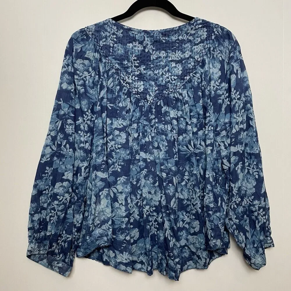 We The Free Free People XS Cool Meadow Blue Floral Cotton Embroidered Top Boho